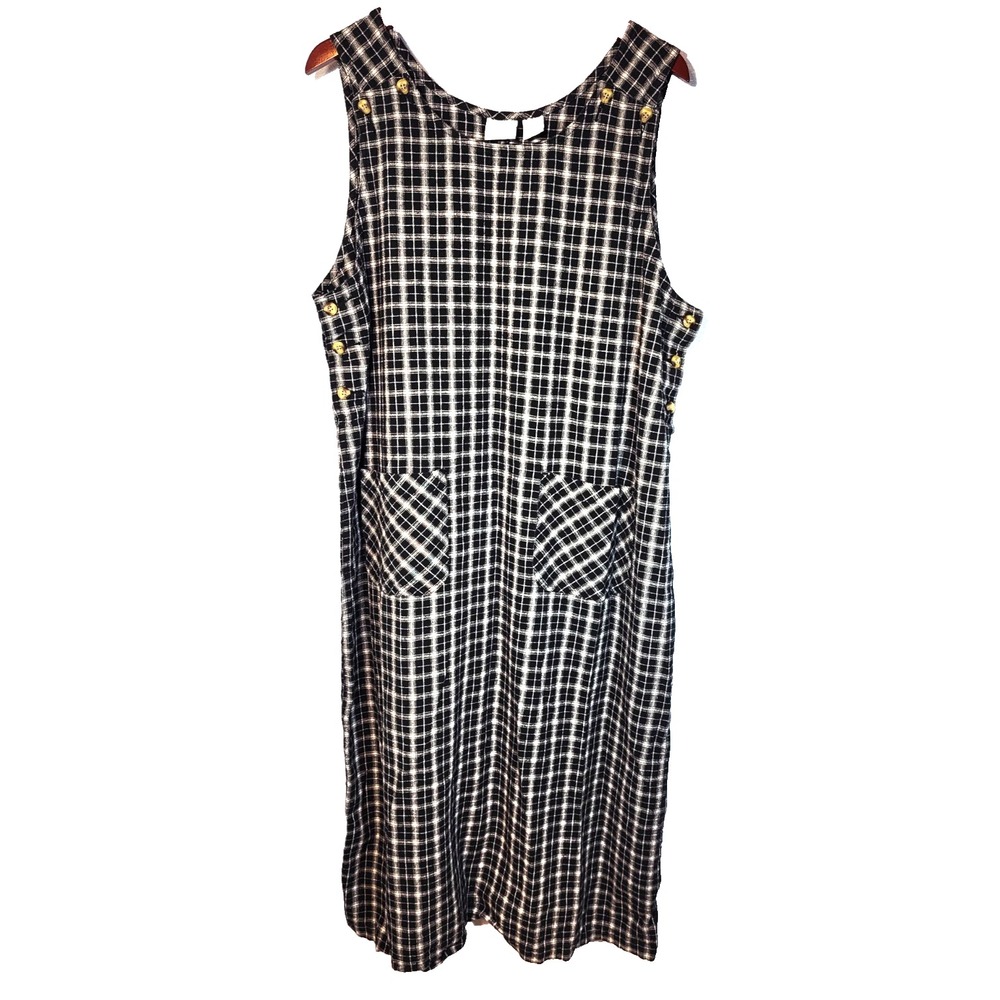 VTG Carolina Colors Black & Cream Plaid Sleeveless‎ Jumper Pockets Buttons 20W